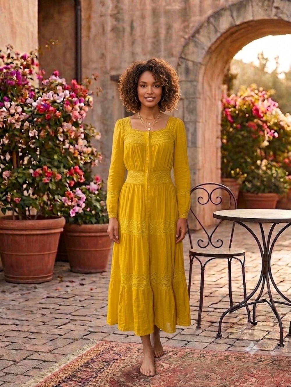 Simply Retro Boho Yellow Long-Sleeve Maxi Dress with Lace Detail